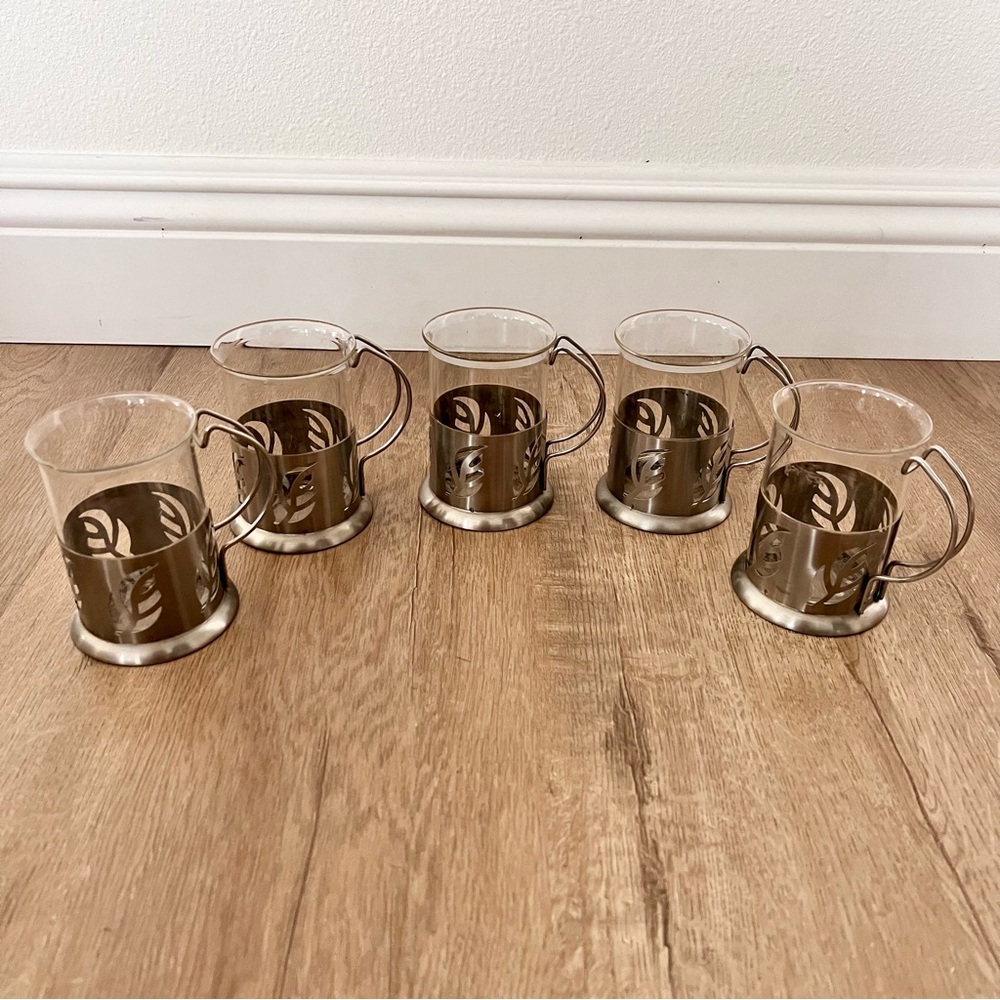 Rare 5 PCs MODERN DESIGNER Stainless Steel Glass Liner Coffee Cup Mug‎ 3.75” H